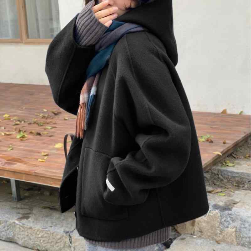 コート レディース ウール ショート フード付き 小柄 秋冬 アウター ゆったり 厚手 無地 ラクダ色 黒 ポケット カジュアル かわいい 女性 ウールコート