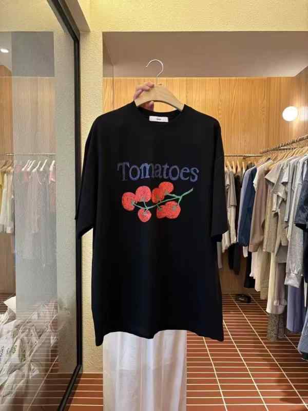Tシャツ レディース 韓国風 トマト柄 プリント 半袖 トップス ラウンドネック カットソー 綿 ゆったり カジュアル かわいい 白 黒