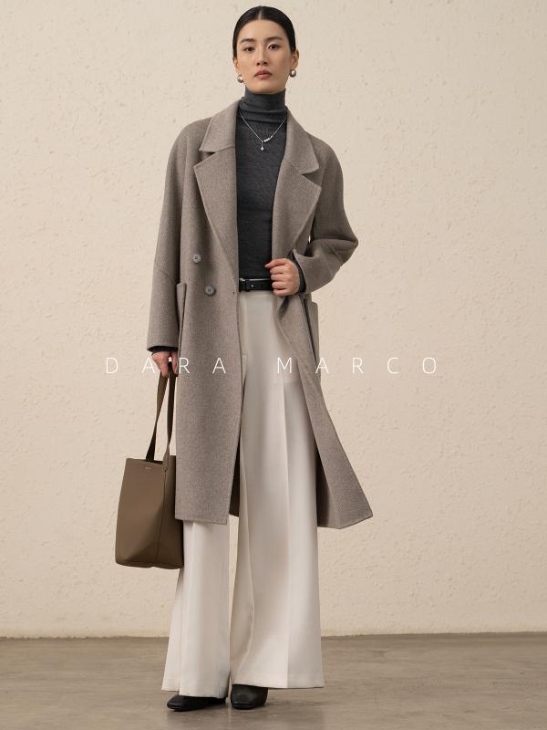 コート レディース カシミヤブレンド ダブルブレスト テーラードカラー ロング丈 ウール アウター 秋冬 通勤 オフィス きれいめ 上品 シンプル 無地 ポケット付き ダークグレー
