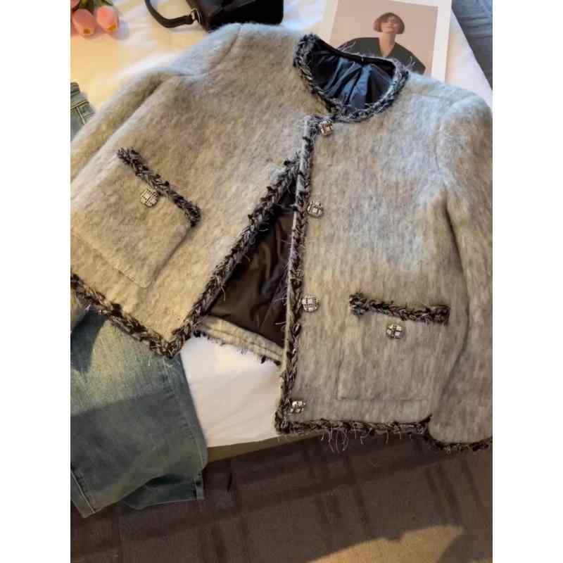 ジャケット レディース 秋冬 グレー系 高級感 ツイード ノーカラージャケット カーディガン ショート丈 トップス ゆったり エレガント