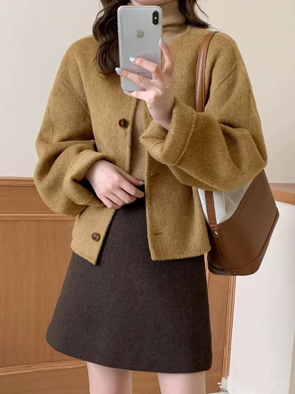コート レディース 秋冬 韓国風 ゆったり 長袖 ウール アウター 丸首 ショート丈 あったか メープルイエロー チャコールグレー ライトグレー｜イーマイショップ