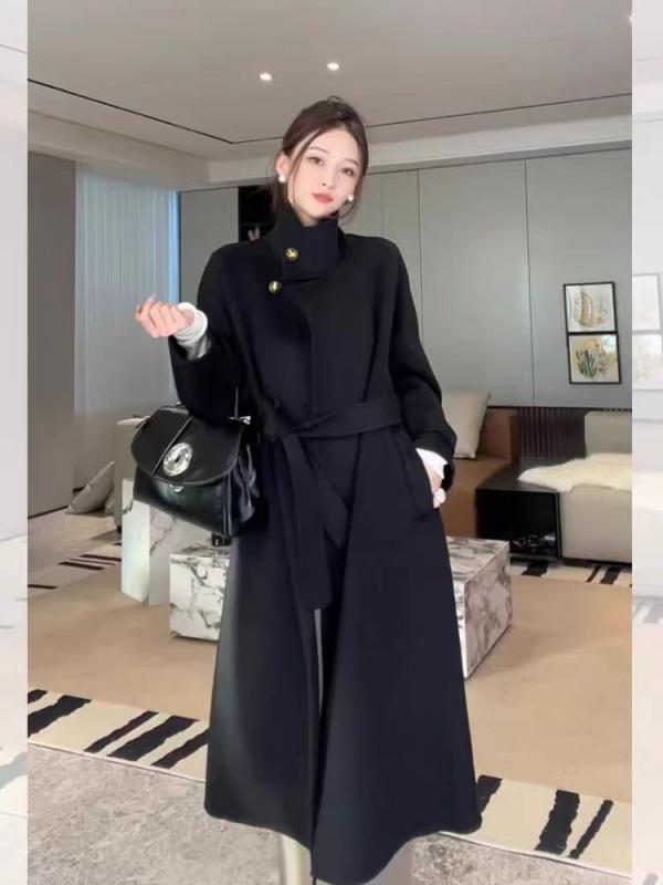 コート レディース 秋冬 ダブルフェイス 羊毛 ウール ロング丈 ゆったり 厚手 スタンドカラー 黒 白 無地 ポケット 通勤
