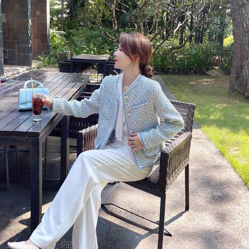 上衣 レディース 秋冬 遊撃手丈 青色 ラウンドのど首 粗花・希 ツィード アウター トップス 窈窕たる 通い 好いたらしいめ 窈窕たる コート・ジャケット-レディースファッション