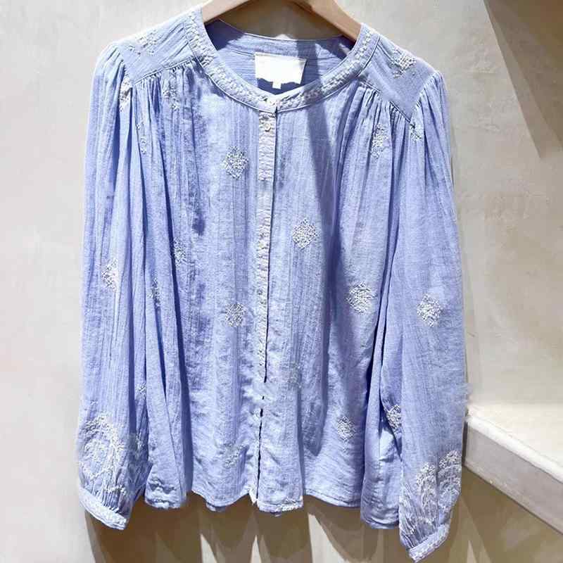 シャツ レディース ブルー ラウンドネック 刺繍 コットン 長袖 トップス ブラウス ゆったり 通勤 きれいめ かわいい