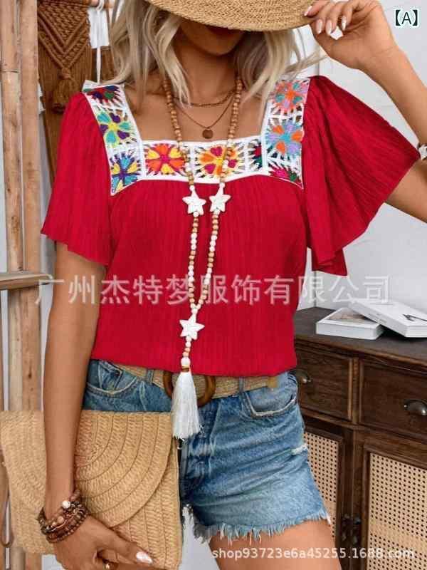 レディース 春夏 トップス シャツ 短袖 方領 クロシェ レース 花柄 切り替え デザイン 甘め 清新 かわいい スタイル ポリエステル 素材 ワイド ルーズ フィット 吸湿速乾 軽量 通気性 赤 黒 ピンク ローズ ホワイト ピンク系 カラー 展開 日