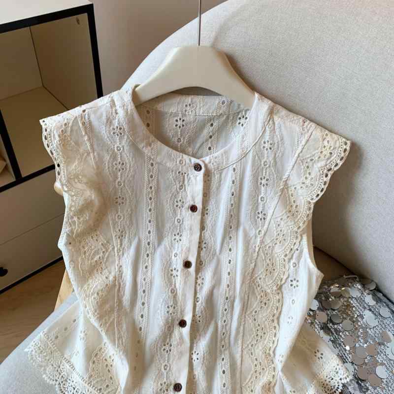 シャツ レディース ノースリーブ レース 花柄 刺繍 カットワーク トップス ブラウス ラウンドネック ポリエステル ニット 白 オフホワイト 黄色 通勤 普段使い きれいめ かわいい