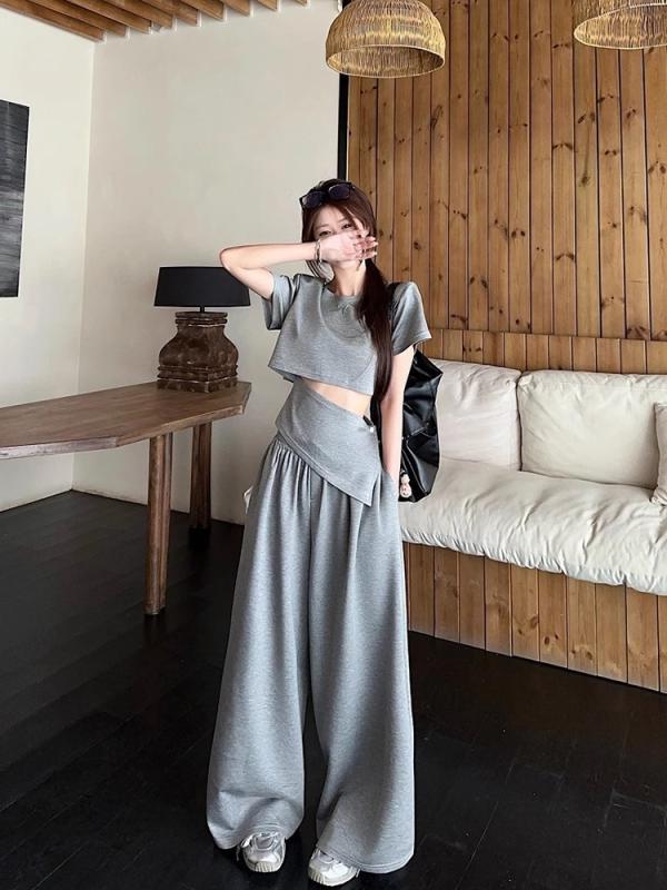 レディース 夏 セットアップ トップス シャツ 接触冷感 ポリエステル ストレッチ ハイウエスト ロングパンツ ワイドレッグ ゆったり ブラック グレー ソリッドカラー 不規則デザイン ノンアイロン 快適 ストリートスタイル カジュアル 普段使い 軽量