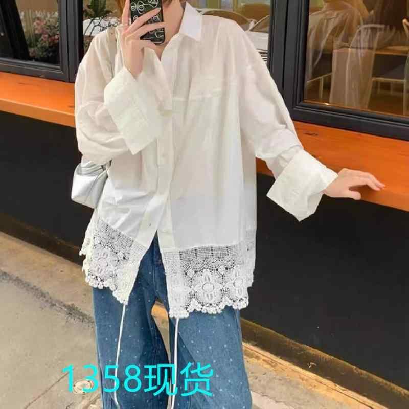 長袖シャツ 女性用 韓国風 切り替え レース 白色 秋 気質 高級感 ゆったり トップス 綿混紡 ポリエステル ビスコース ソリッドカラー プルオーバー プリンセススリーブ ポロカラー 単排ボタン 私服 ミセススタイル シルク加工 ライトウェイト 通勤