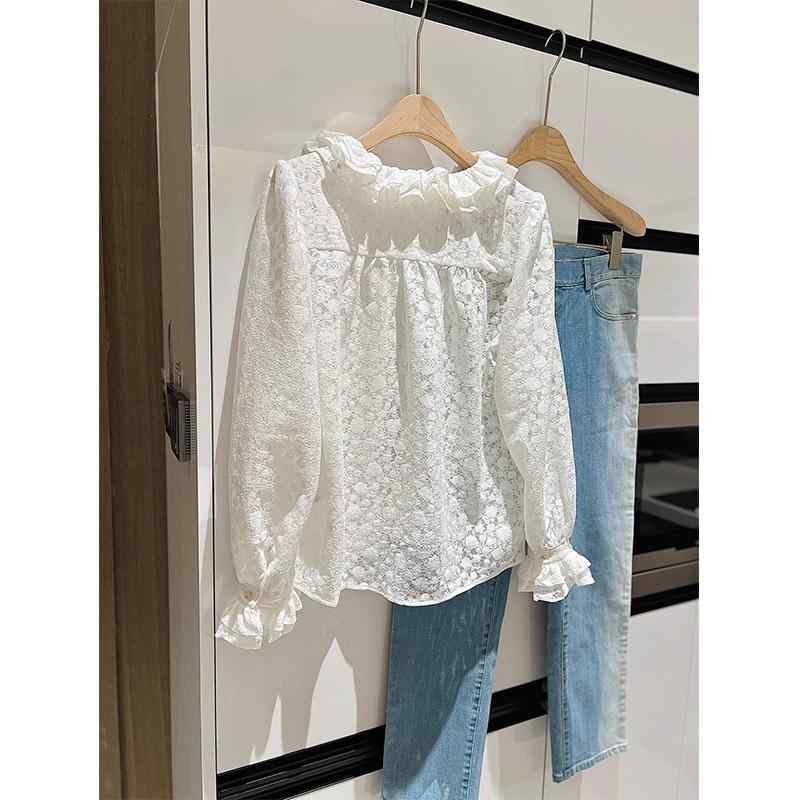 シャツ レディース 宮廷風 鉤花レース 花柄 フリル襟 ブラウス トップス 長袖 白 S M L XL 2XL かわいい 御姐風 綿