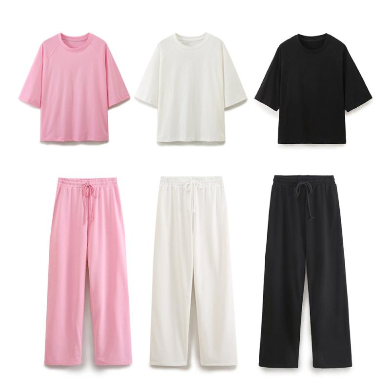 Tシャツ レディース ズボン 上下セット 混紡 ポリエステル 7分袖 カジュアル ストリート ピンク系 ホワイト ブラック