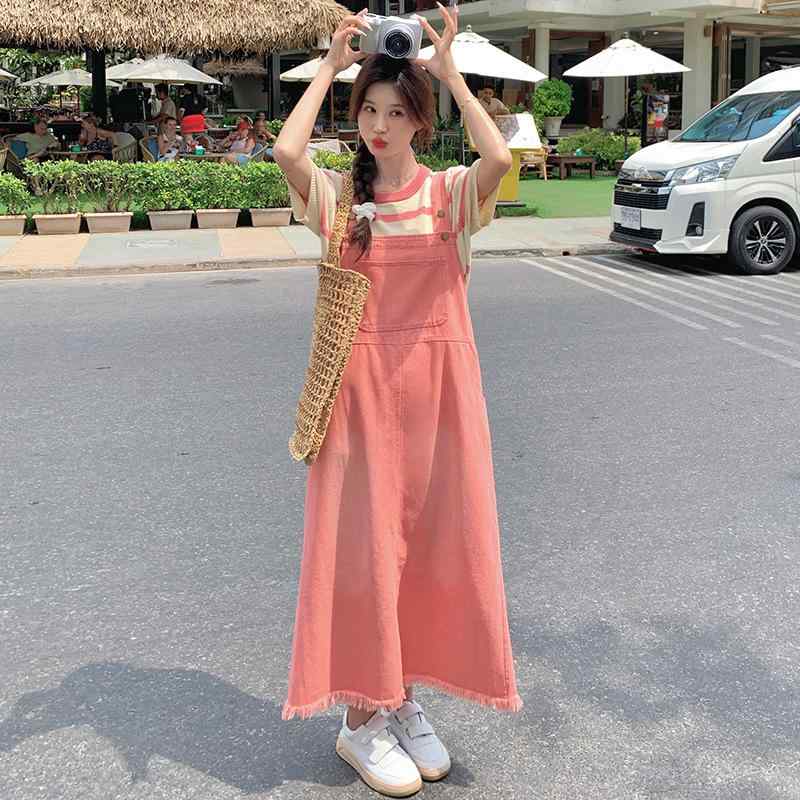 ワンピース レディース ピンク キャミソールワンピース カジュアル 大人可愛い 韓国風 スクール風 初恋 ロング丈 ふんわり フリンジ ゆったり ノースリーブ 春夏 ポリエステル｜イーマイショップ
