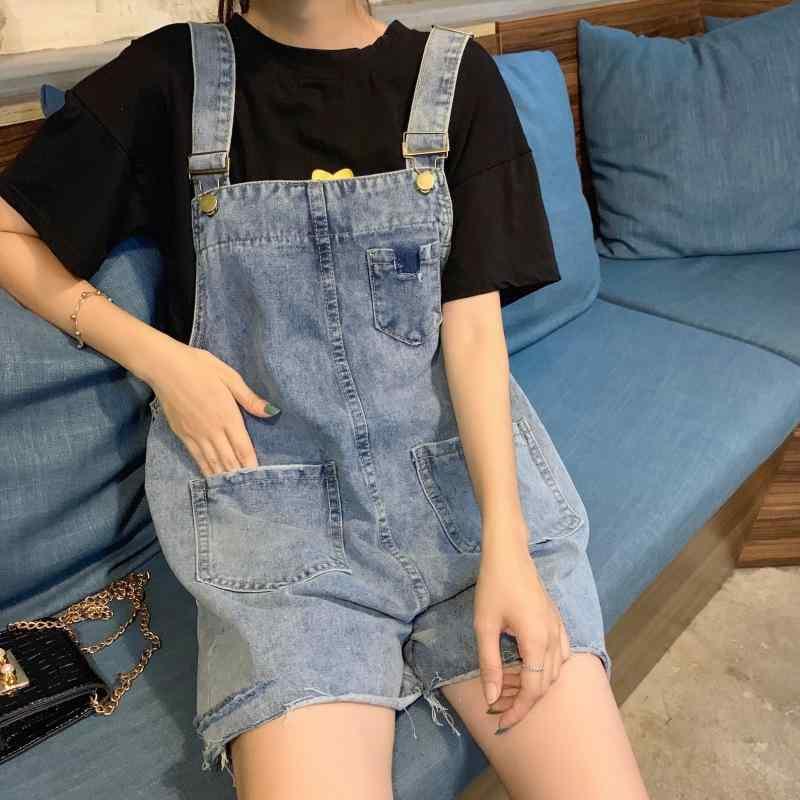 デニム ショートパンツ レディース 韓国風 大きめサイズ ゆったりシルエット スリム効果 学生向け デイリー 破れデザイン 綿素材 中腰 ワイドレッグ ブルー 春夏 通勤スタイル かわいい 清新 気質 ファッション