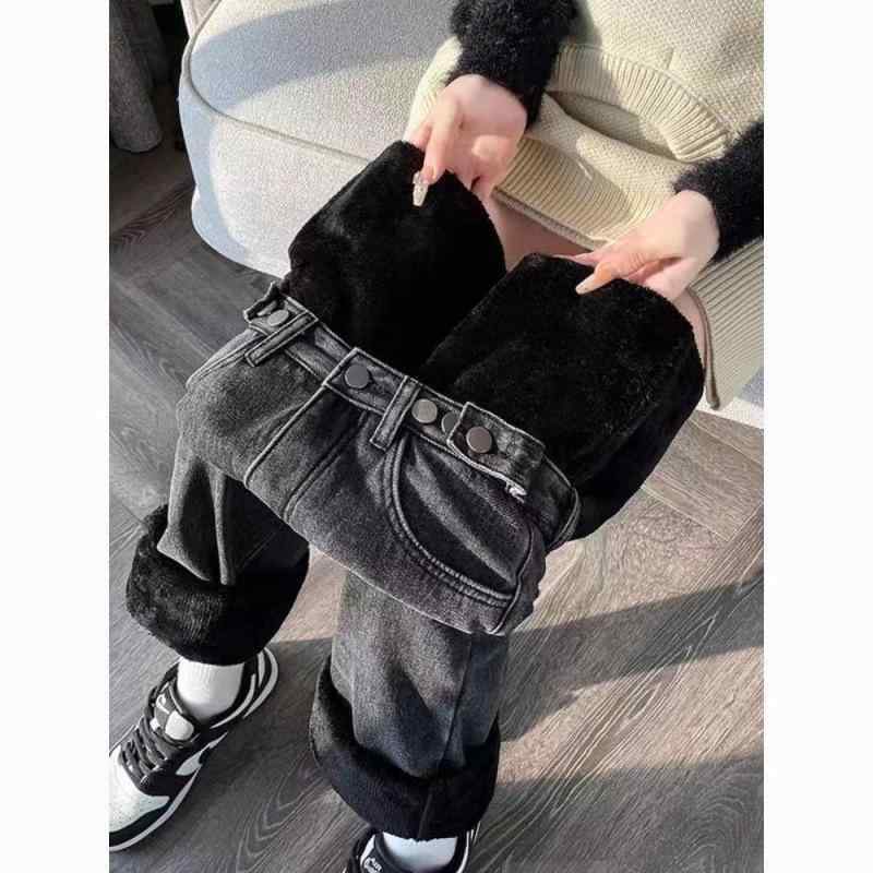 レディース デニムパンツ 学生向け ハイウエスト ワイドレッグ 秋冬 保暖 綿素材 微弾性 軽量 通勤 普段使い 気質 都市風 ボタン ロング丈 厚手 切り替え 浅ブルー 復古ブルー ブラックグレー スリムシルエット