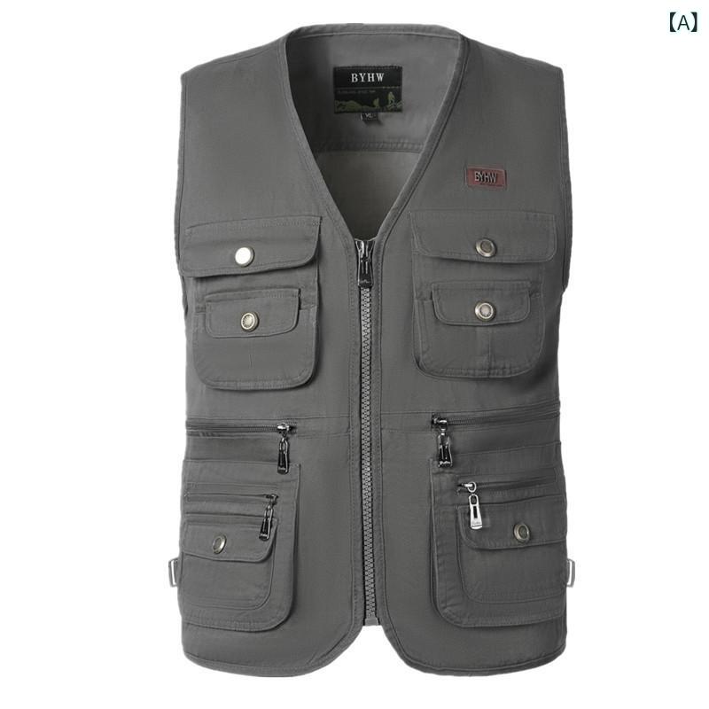 メンズ コットン ベスト 大きいサイズ 6XL 多ポケット 男性用 カジュアル チョッキ 深灰 カーキ 軍黄 米白 浅軍緑 ベージュ ブラック XL 2XL 3XL 4XL 5XL 6XL