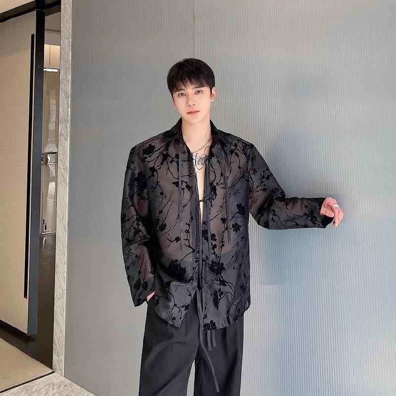 シャツ 男性用 シアーシャツ シフォンシャツ 提花 総柄 長袖 トップス 新中国スタイル オーガンジー 薄手 羽織り 日焼け止め スプリングファッション ポリエステル ブラック