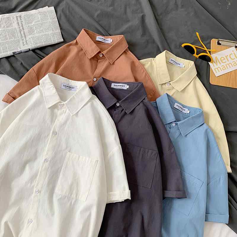 シャツ メンズ 男性用 半袖 トップス オーバーサイズ ゆったり コットンブレンド ワークシャツ カジュアル 韓国風 無地 夏 白 黒 青