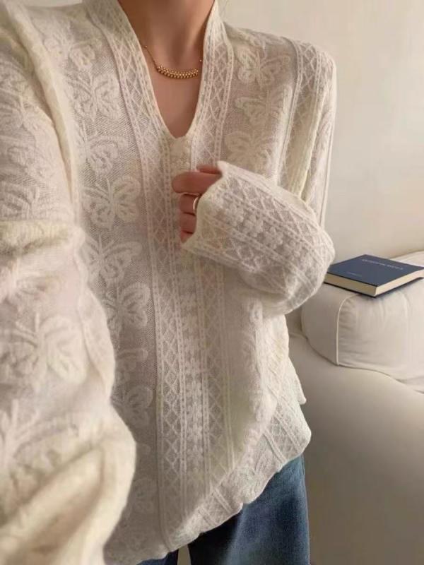 ニット レディース 春秋 Vネック チュニック トップス 長袖 プルオーバー 薄手 ゆったり レース 通勤 オフィス きれいめ かわいい ホワイト