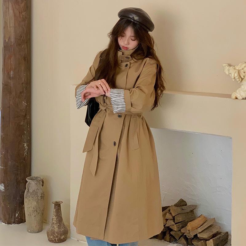 トレンチコート レディース 年月 韓国風 A生産ライン カーキ色 ロング丈 ゆったり ポリエステル 好いたらしいめ 雅びやか