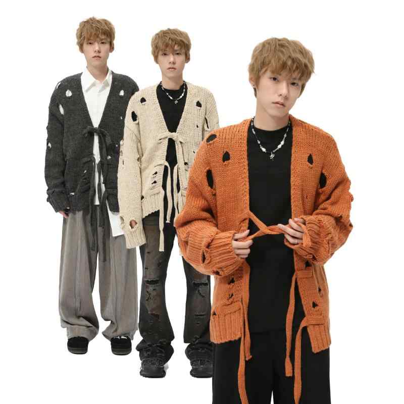 編み物ジレー メンズ 長袖 Vのど首 濫りがわしい 穴あき 図案化 心地好い 韓国風 成人男性用 20%絨毛 80%アクリル樹脂 薄墨色 杏色 赤銅色 秋冬 日用品雑貨・文房具・手芸-その他