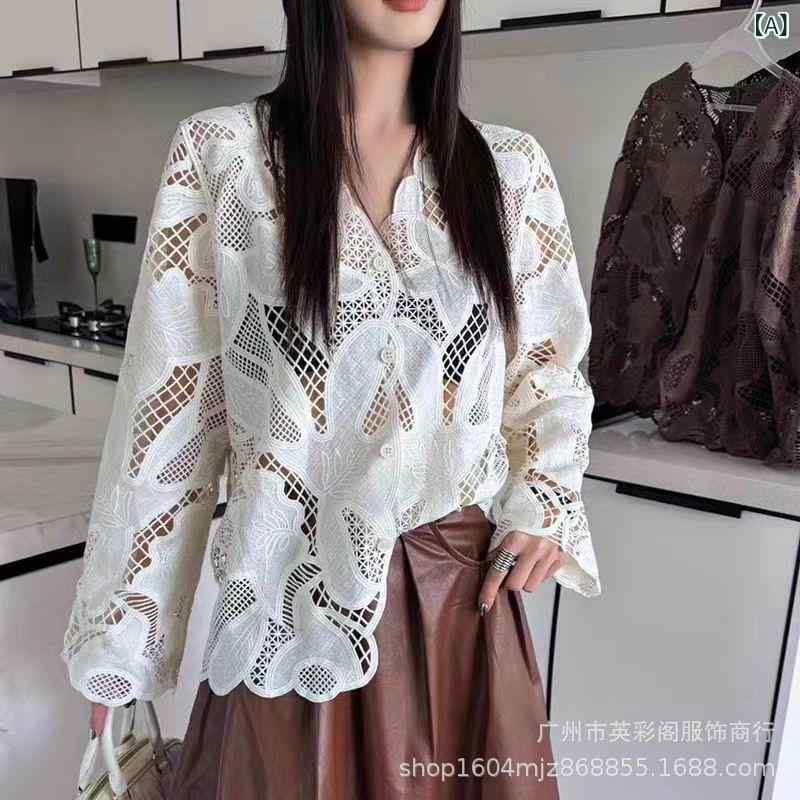 Tシャツ レディース 長袖 Vネック レース トップス カットソー 刺・墸 杏色 黒 白 Uネック プルオーバー ゆったり スリム 韓国風 日韓スタイル カジュアル