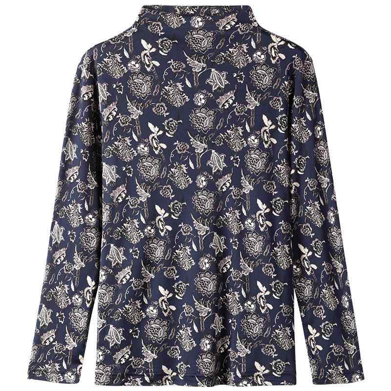 Tシャツ レディース 桑蚕糸 シルク ニット トップス 長袖 ハーフハイネック プルオーバー 花柄 プリント 上品 深青色 L XL 2XL 3XL 4XL レトロ