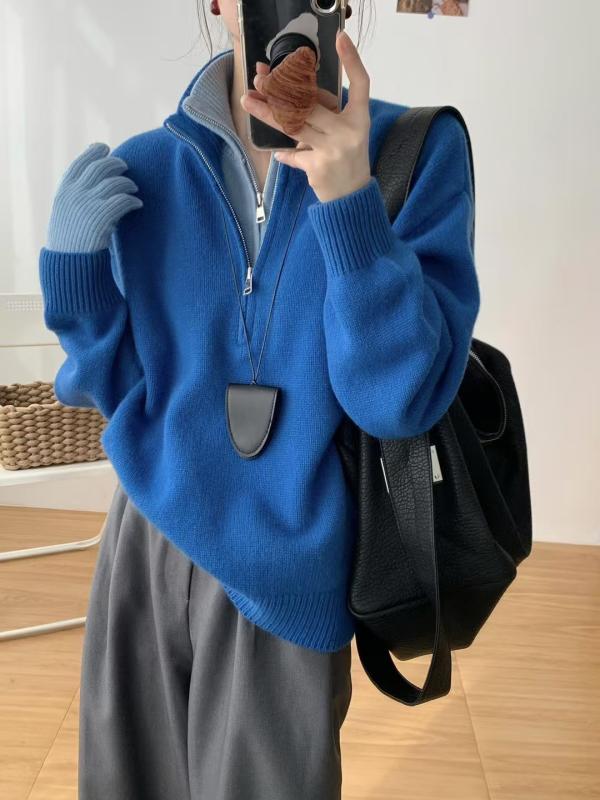 ニット レディース 秋冬 プルオーバー 韓国風 ゆったり ラグラン袖 配色 厚手 トップス 接触冷感 通勤 紫色 ブルー グレー 炭黒色 コーヒー色