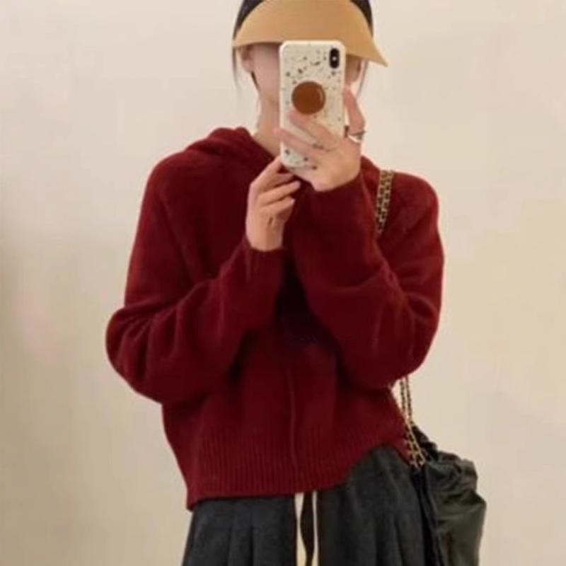 ニット レディース フード付き 赤 プルオーバー セーター ウール 羊毛 ゆったり リラックス 体型カバー かわいい おしゃれ きれいめ カジュアル 秋冬