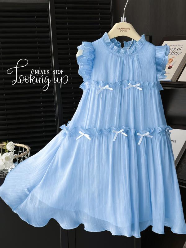 ワンピース 子供服 女の子 夏 韓国風 かわいい 蝶結び 切り替え Aライン 涼しい 快適 普段着 おしゃれ ブルー 100cm 110cm 120cm 130cm 160cm 170cm
