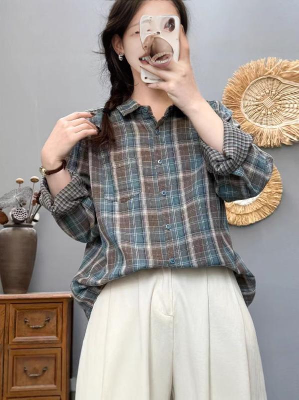 シャツ レディース 格子柄 長袖 コットン チュニック ゆったり カジュアル 韓国風 親子コーデ イエロー 豆グリーン レッド