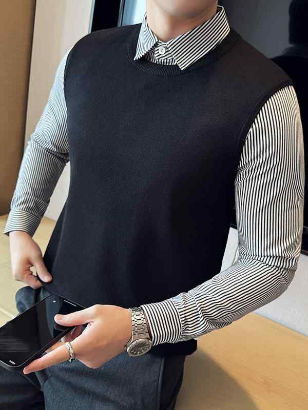 編み物 メンズ ジレー 縞模様 ティーシャツ襟 フェイクレイヤード風 か細い嵌まる 普段使い走り トップス 歳月 高弾力性 洗い濯ぎ機洗いもの能力のある 黒いこと 薄墨色 シャツ・ブラウス-レディースファッション-トップス