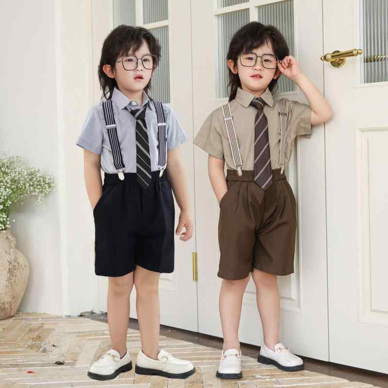 子供用フォーマルウェア 男の子 半袖シャツ ショートパンツ サスペンダーセット コットン 結婚式 発表会 ベージュ ブルー