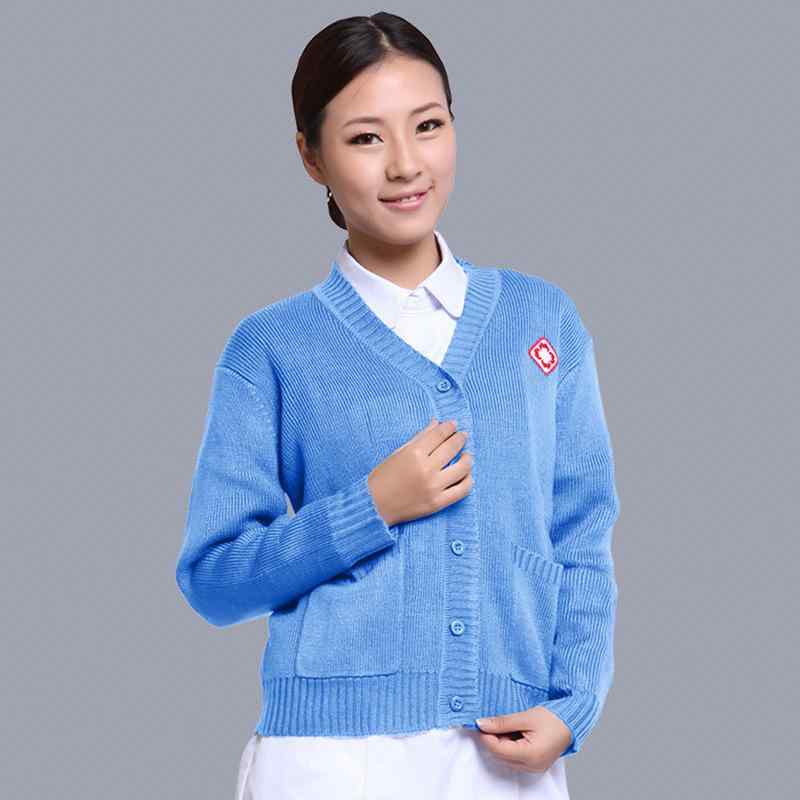 看護師 レディース カーディガン ニット 厚手 ストライプ Vネック ポケット付き 医療用 白衣 事務服 オフィス ピンク系 パープル 紺色 無地 シンプル