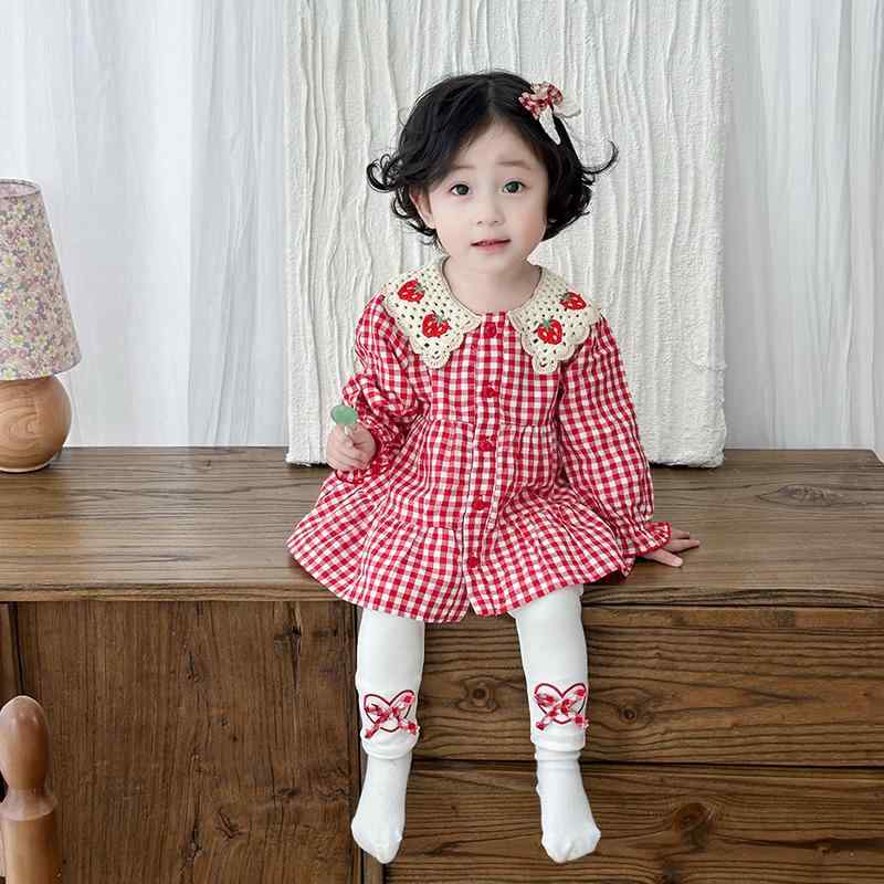 ワンピース ベビー服 長袖 格子柄 イチゴ襟 2点セット かわいい 幼児 女の子 春秋 綿100% 73cm 80cm 90cm 100cm