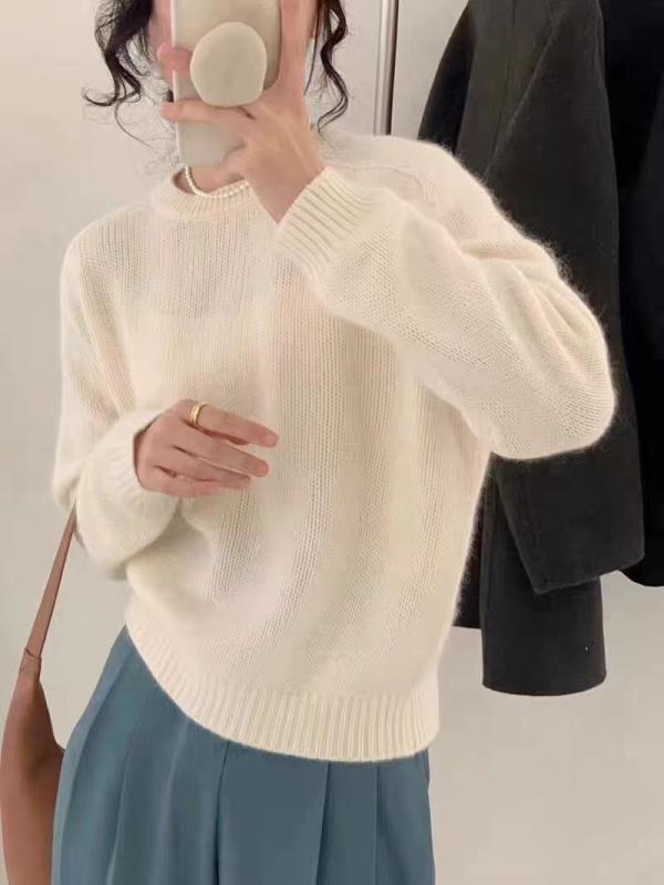 ニット レディース 秋冬 ウール セーター ゆったり ラウンドネック 長袖 トップス プルオーバー 厚手 ニットソー ドロップショルダー 白 グレー 赤 ベージュ