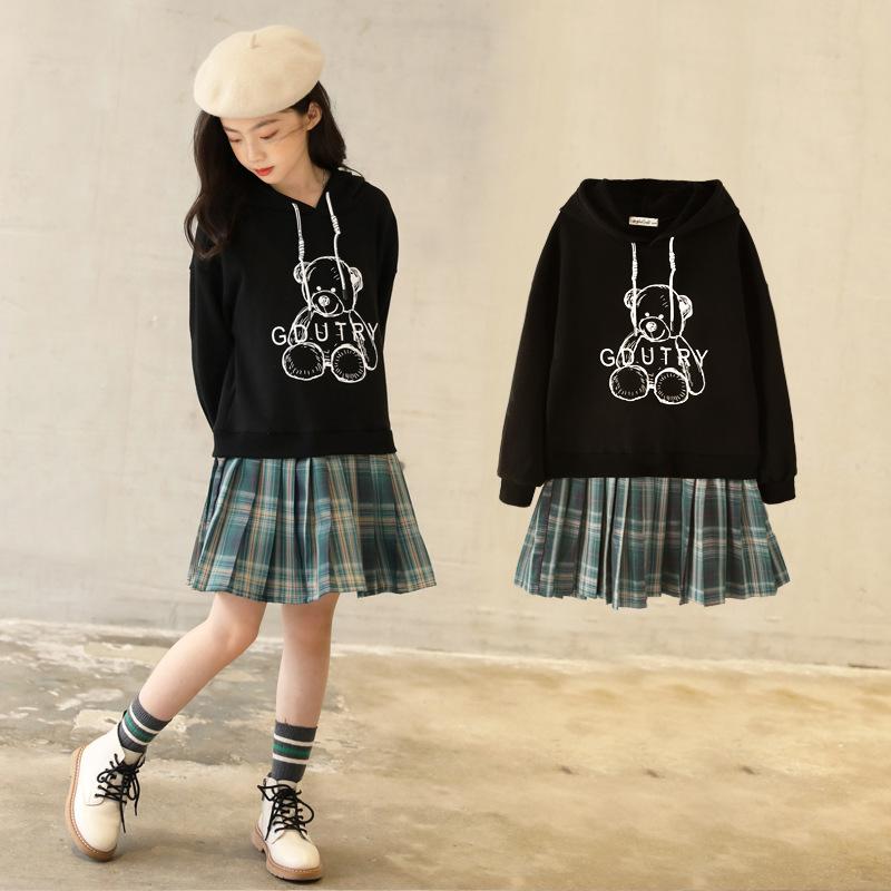 キッズ 女の子 ワンピース 春秋 長袖 チュニック トレーナーワンピース Aライン チェック柄 ブラック かわいい ゆったり 普段着 通学着