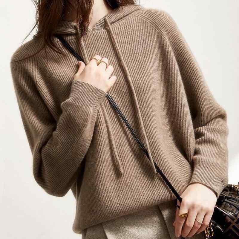 ニット レディース 秋冬 加厚 ウール カシミヤ混紡 フード付き プルオーバー ゆったり ショート丈 セーター 暖かい カジュアル トップス 防寒 リラックス ウェア ブラック ブラウン ベージュ