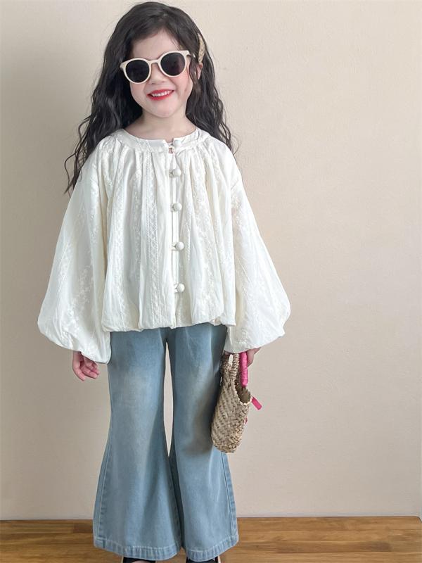 子供服 女の子 韓国風 ブラウス デニム パンツ 2点セット 春秋 長袖 パフスリーブ 柔らかい 綿100% かわいい おしゃれ ガールズ キッズ