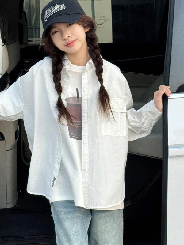 シャツ ガールズ 子供服 長袖 トップス 白 春秋 綿100% ゆったり 8歳以上 カジュアル アルファベット