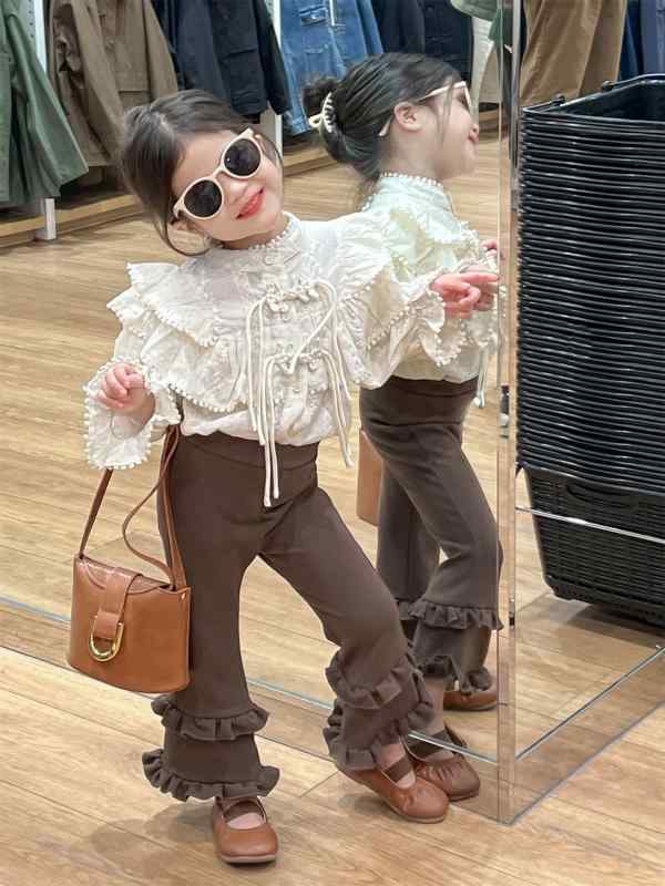 シャツ 女児 子供服 宮廷風 レース フリル スタンドカラー ブラウス 長袖 コットン 100% 春秋 上品 かわいい