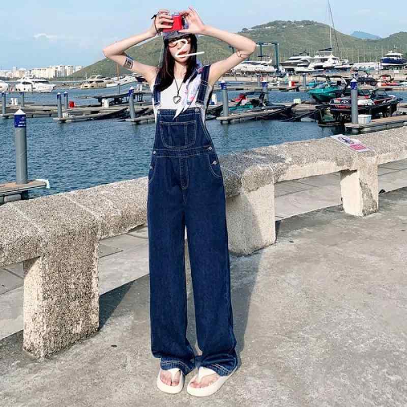 デニム レディース サロペットパンツ ハイウエスト ワイドレッグ ダメージ加工 ロングパンツ ゆったり ストレート ワークパンツ かわいい おしゃれ カジュアル スタイル