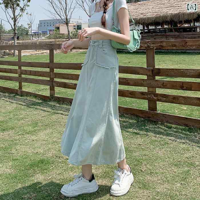 スカート 女性用 春夏 ハイウエスト デニム 魚尾 ミニスカート Aライン コットン ストレッチ 薄荷緑 杏色 軽量 ゆったり すっきり シルエット 私服 かわいい 普段使い