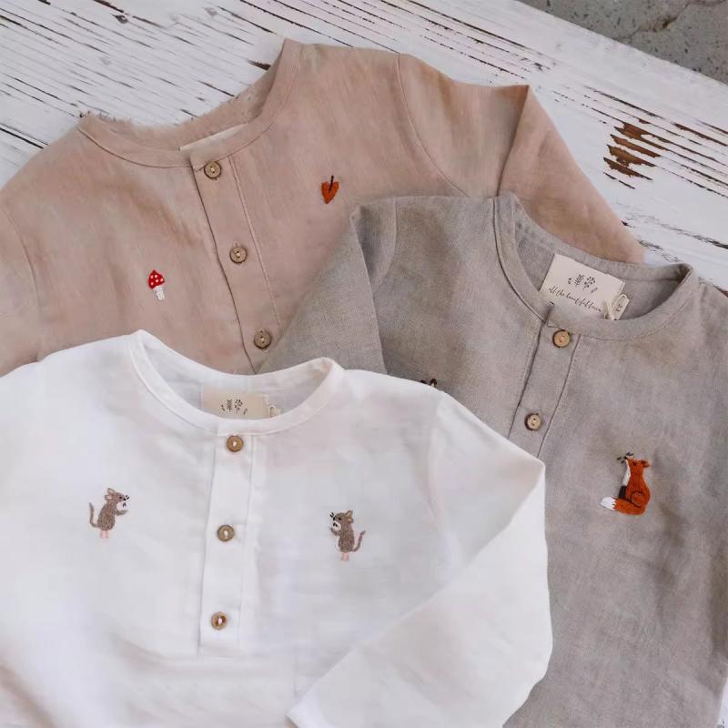 シャツ 子供服 ベビー 男女兼用 麻 綿 長袖 アニマル柄 刺繍 トップス 柔らかい 春夏 秋冬 80 90 100 110 120