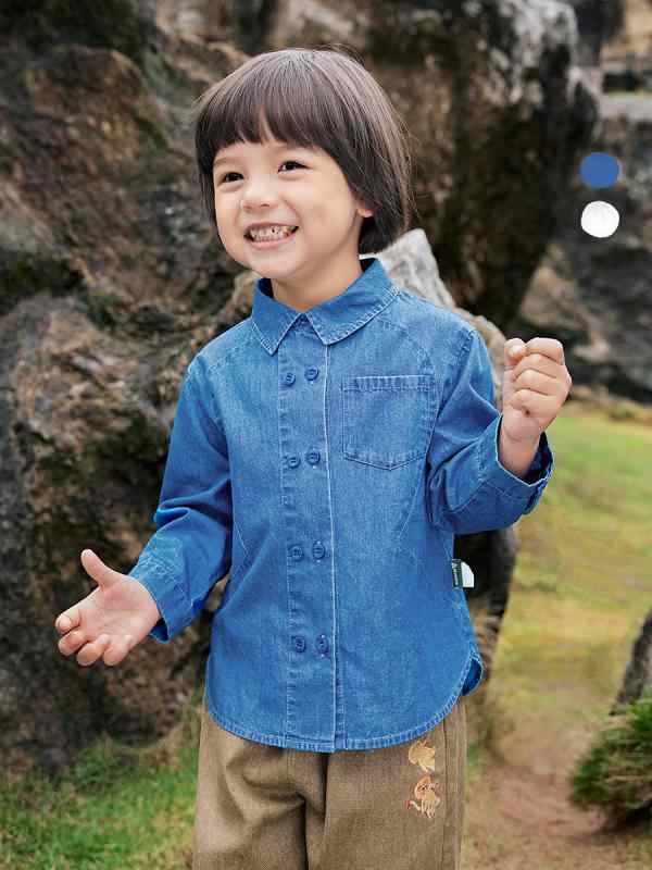 キッズ シャツ 子供服 男の子 長袖 デニム ウォッシュ加工 コットン 春秋 カジュアル アルファベットプリント ライトブルー