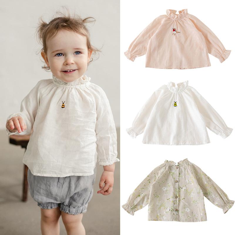 シャツ 子供服 長袖 春夏 女児 トップス 小鳥 ハチ 刺繍 綿100 かわいい 快適 カジュアル 白 ピンク系 80 90 100 110 120