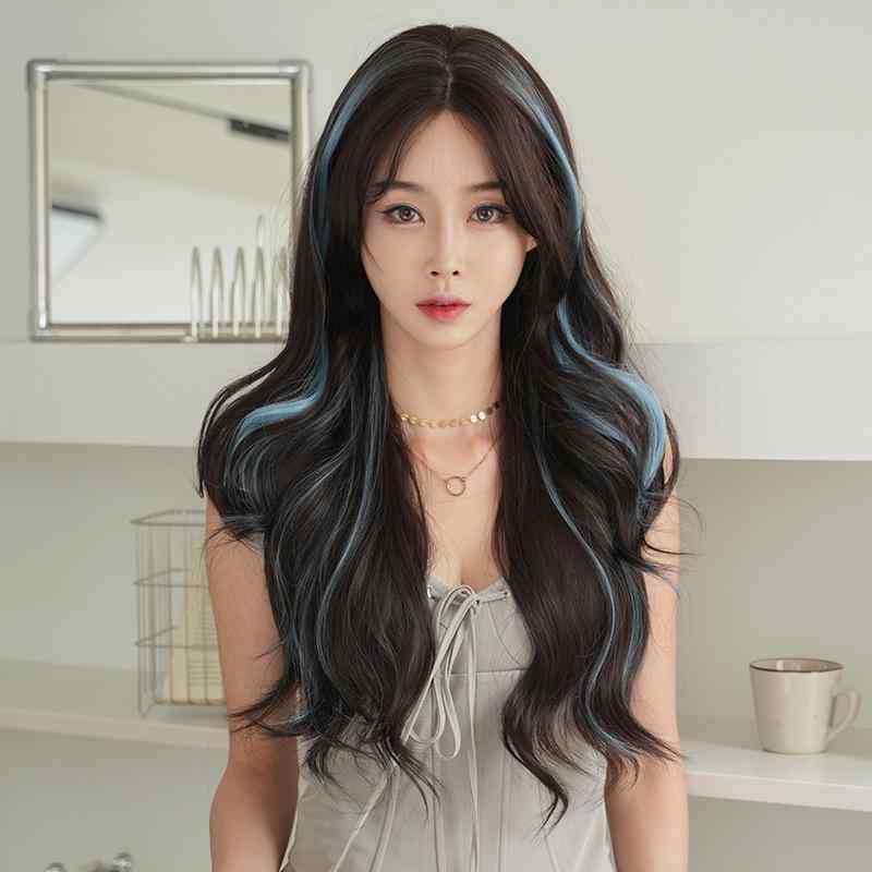 ウィッグ レディース 中分 ロング カール ?尾藍緑 ヘアバンド 染め 高温シルク 耐熱 通気性 かわいい コスプレ パーティー イベント 普段使い
