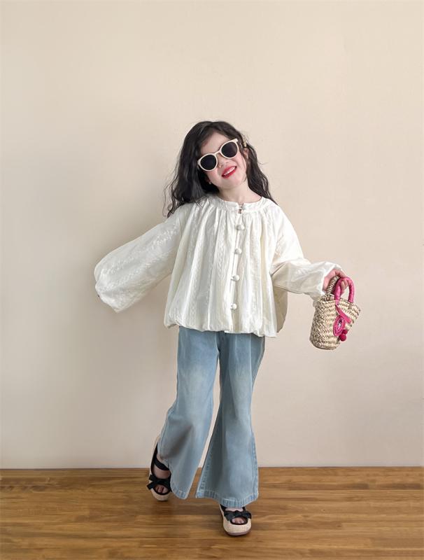 シャツ ガールズ 春夏 チャイナドレス風 レース 長袖 トップス 子供服 チュニック ブラウス かわいい 泡泡袖 バルーン袖 コットン 綿100% 柔らかい