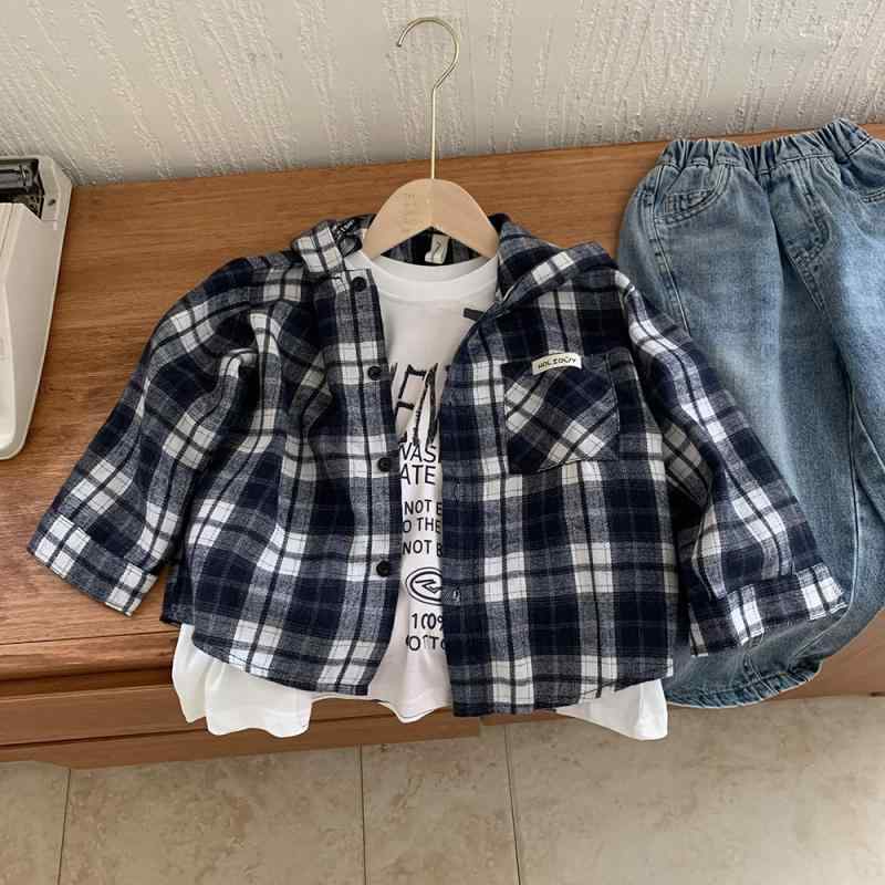 子供服 シャツ 男の子 長袖 春秋 格子柄 カジュアル 普段使い 部屋着 ゆったり フード付き 綿 黒 90 100 110 120 130 140 150