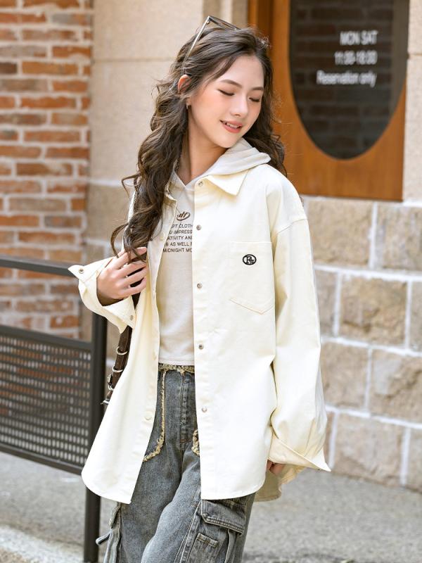 シャツ ガールズ 子供服 トップス 長袖 春秋 韓国風 コットン カジュアル 大童 無地 アルファベット プリント ミルクホワイト イエロー ピンク系