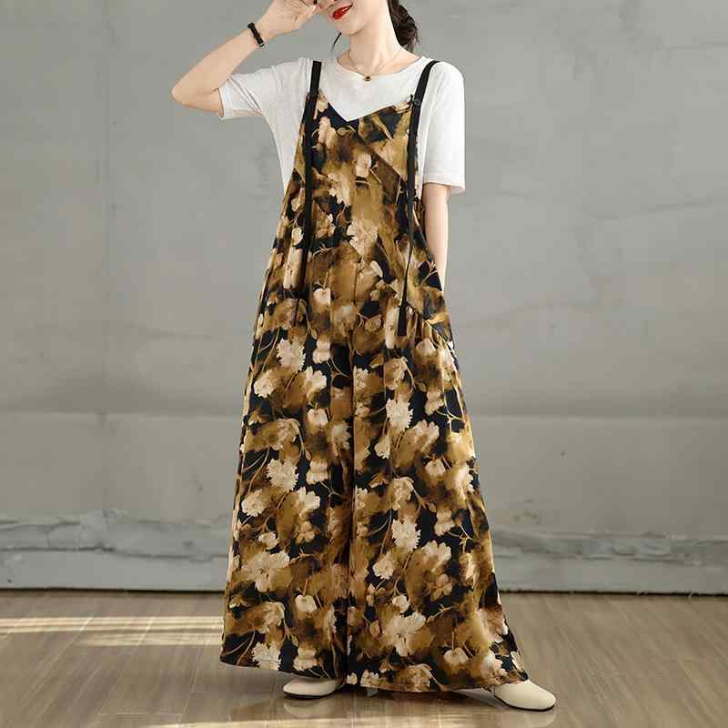 サロペット レディース ワンピース 背? 吊? ?腿 パンツ 黄花 コットン ポリエステル ゆったり カジュアル かわいい(x3)