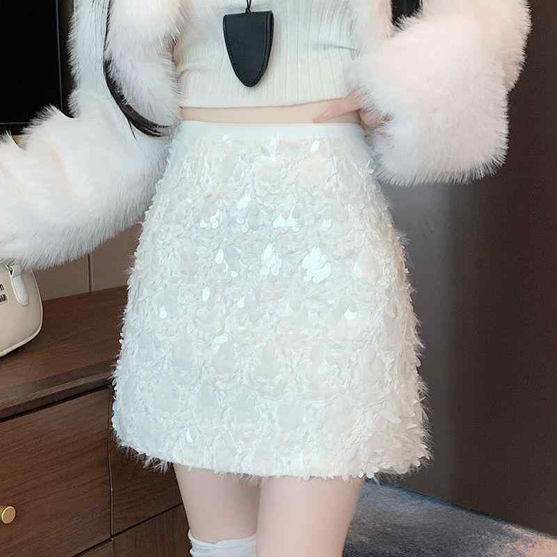 スカート レディース Aラインスカート ミニスカート スパンコール 春秋 高見え 美脚 オフィス 普段使い ポリエステル 通勤 エレガント ホワイト S M L XL 2XL 3XL 4XL